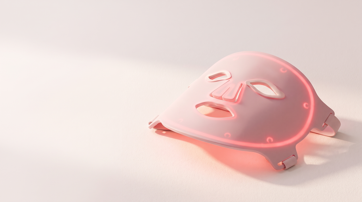 Solawave Wrinkle Retreat Pro LED face mask resting on a warm white surface in soft morning light.