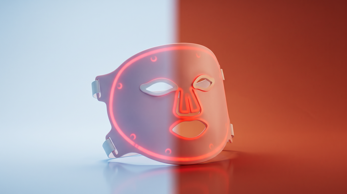 Solawave Wrinkle Retreat Pro LED face mask lit from the left by cool blue light and from the right by warm amber light.