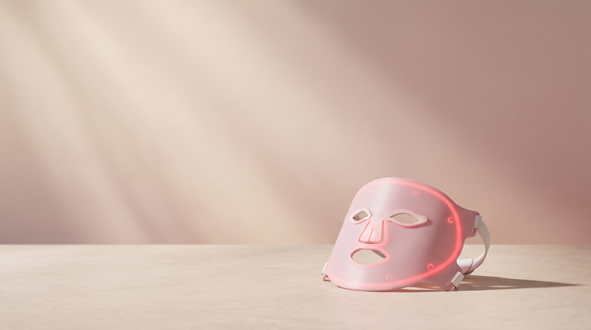 Solawave Wrinkle Retreat Pro LED face mask on a pale sand surface with soft light rays and open space above.