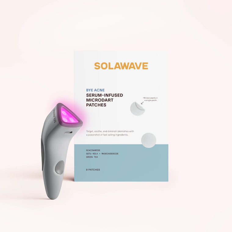 The SolaWave Bye Acne Pro Kit, featuring a glowing purple-light skincare device and serum-infused microdart patches in minimalist packaging, showcases advanced acne treatment for clearer skin.