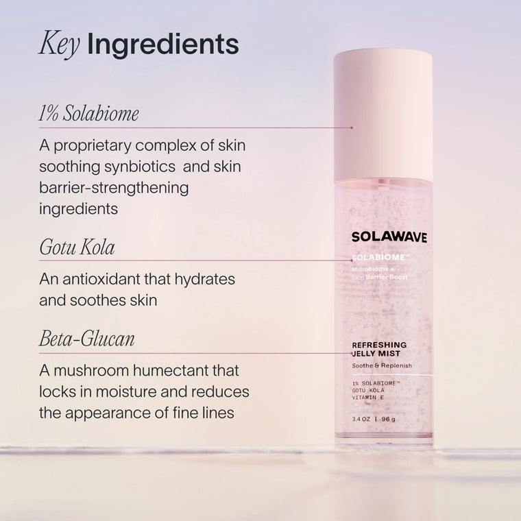 A photo of the ingredients in tthe Solawave Pre- & Probiotic Refreshing Jelly Face Mist