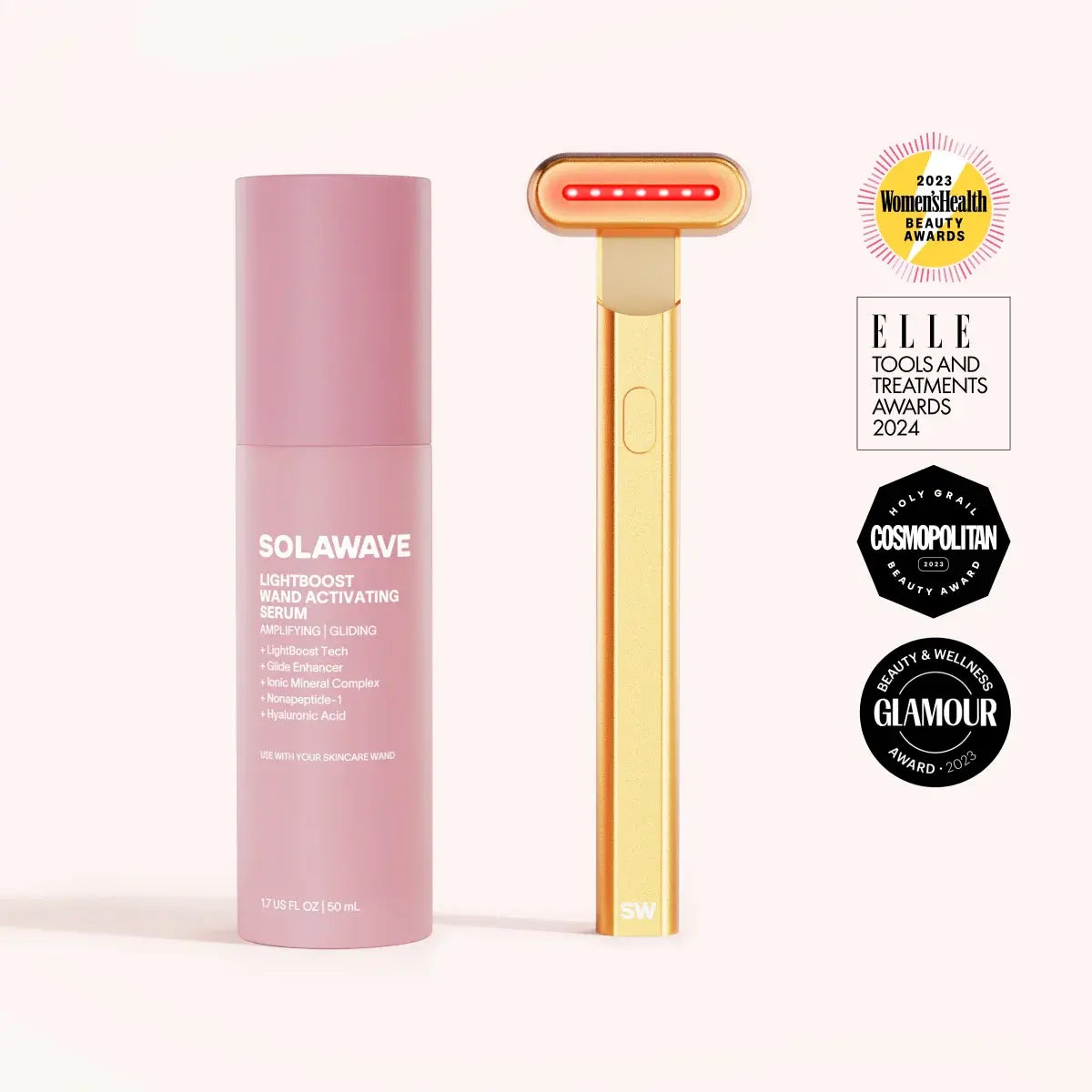 A pink Solawave 4-in-1 Red Light Therapy Wand & Activating Serum Kit appears, featuring the serum bottle and gold-red skincare wand for fine lines. Award badges from Women’s Health, ELLE, Cosmopolitan, and Glamour are shown on the right.