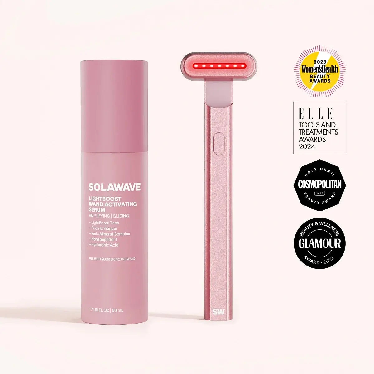 The Solawave 4-in-1 Red Light Therapy Wand & Activating Serum Kit for dark spots and fine lines is shown glowing red, with award badges from Women’s Health, Elle, Cosmopolitan, and Glamour on the right.