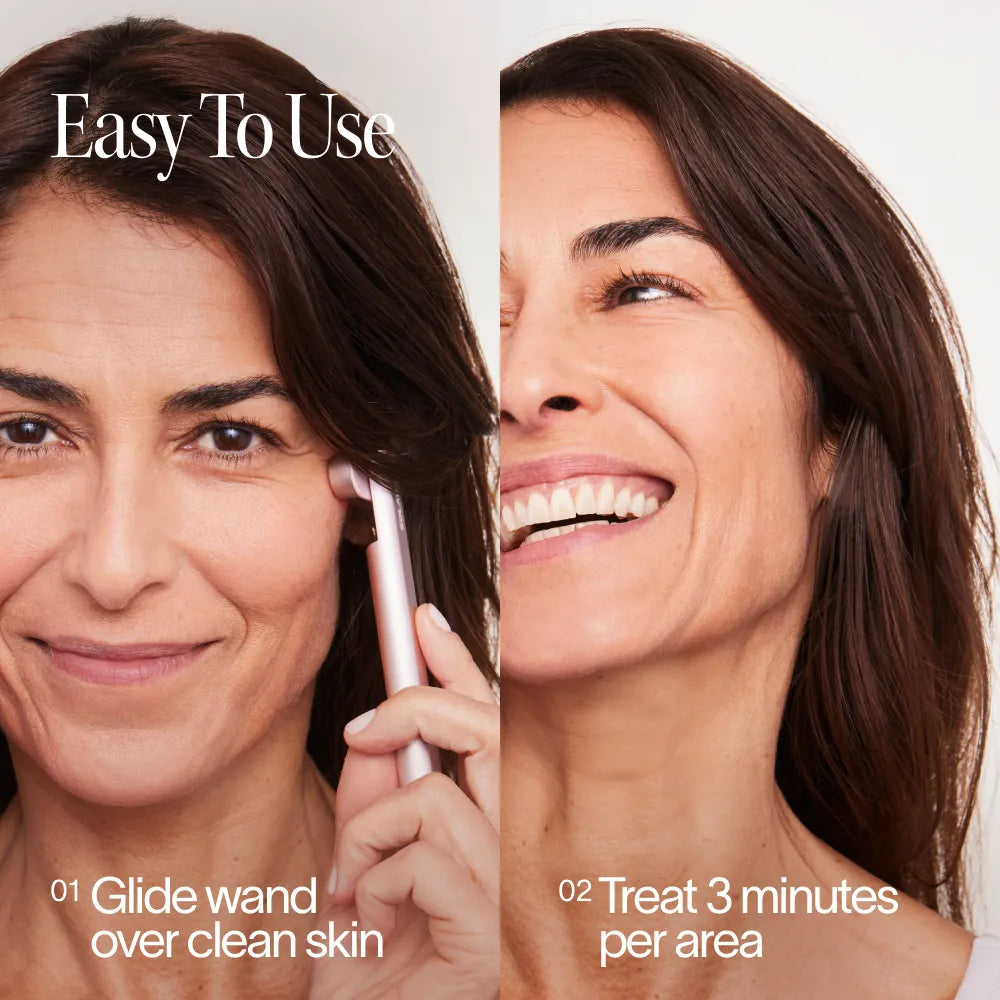 Split image of a woman using the Solawave 4-in-1 Red Light Therapy Wand & Activating Serum Kit (left) and smiling (right). Text: Easy To Use. 1. Glide wand on clean skin to target dark spots or fine lines. 2. Treat each area for 3 minutes.