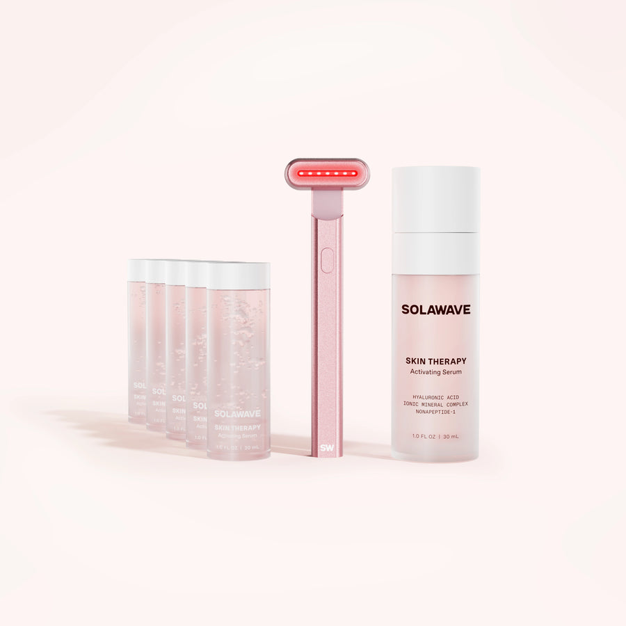 The Solawave 4-in-1 Skincare Wand with Red Light Therapy is featured alongside a 6-month supply of Activating Serum, comprising six bottles. This setup promises to deliver Radiant Renewal against a light background.