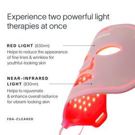 The Solawave Wrinkle Retreat Face Mask & LightBoost Serum Kit is a red and pink LED mask with eye, nose, and mouth cutouts. It uses red light therapy (630nm) to target fine lines and wrinkles, while near-infrared light (830nm) boosts skin radiance. FDA-cleared for effective results.