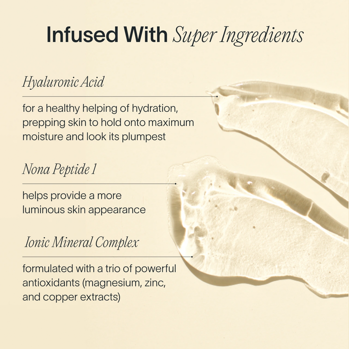 Skincare ingredients infographic highlighting hyaluronic acid, nona peptide 1, and ionic mineral complex.