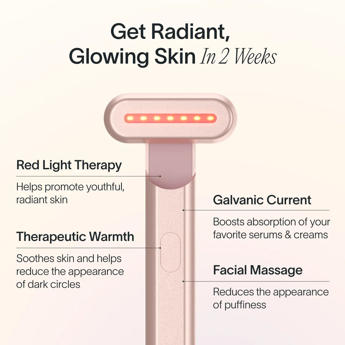 An image explaining the benefits of the Solawave red light device || Rose Gold