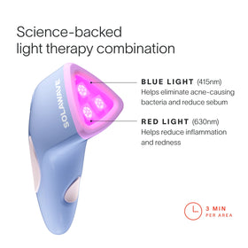 The Bye Acne Pro Kit by SolaWave includes a handheld device with a pink glow at the top. It provides blue and red light therapy for acne treatment and blemish control, featuring a small clock icon that signifies 3 minutes of use per area to target inflammation. || Charcoal