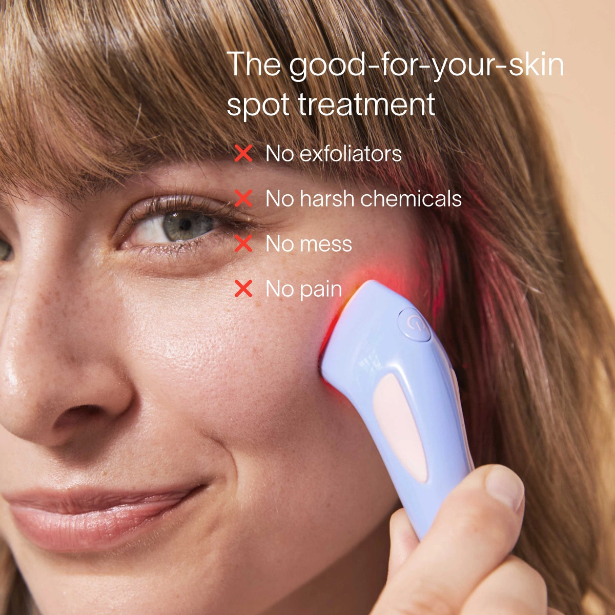 A person uses the SolaWave Bye Acne Pro Kit, a small handheld device emitting a red light on their cheek. The image promotes this acne treatment with light therapy, emphasizing benefits: no exfoliators, no harsh chemicals, no mess, and no pain. || Charcoal