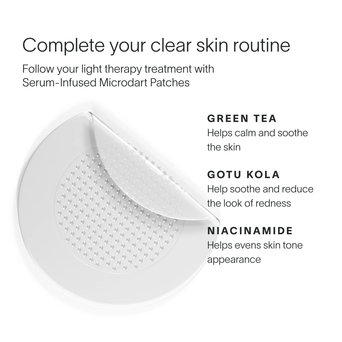 Image of Bye Acne Pro Kit microdart patch from SolaWave, with a corner peeled to show the microdarts. Ideal for acne treatment, it features ingredients like green tea, gotu kola, and niacinamide for effective blemish control. || Charcoal