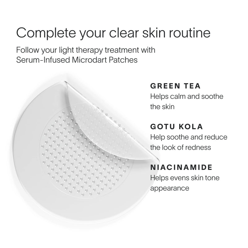 Image of Bye Acne Pro Kit microdart patch from SolaWave, with a corner peeled to show the microdarts. Ideal for acne treatment, it features ingredients like green tea, gotu kola, and niacinamide for effective blemish control. || Charcoal