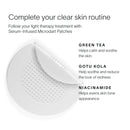 Serum-infused microdart patches with green tea, gotu kola, and niacinamide benefits on a white background.. || Charcoal