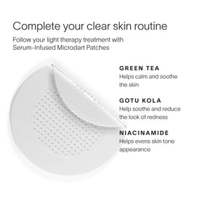 Serum-infused microdart patches with green tea, gotu kola, and niacinamide benefits on a white background.. || Charcoal