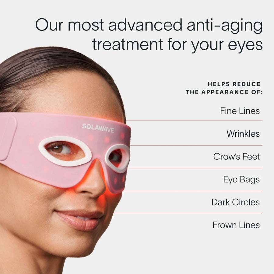 A person uses the SolaWave Radiant Renewal Eye Recovery Pro, a pink LED eye mask crafted from medical-grade silicone, reducing fine lines, wrinkles, crows feet, eye bags, dark circles, and frown lines with light therapy for anti-aging treatment.