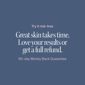 Text on a blue background reads: Try it risk-free. Great skin takes time. Love your results or get a full refund. 60-day Money Back Guarantee on the FDA-cleared Solawave Wrinkle Retreat Face Mask & LightBoost Serum Kit.