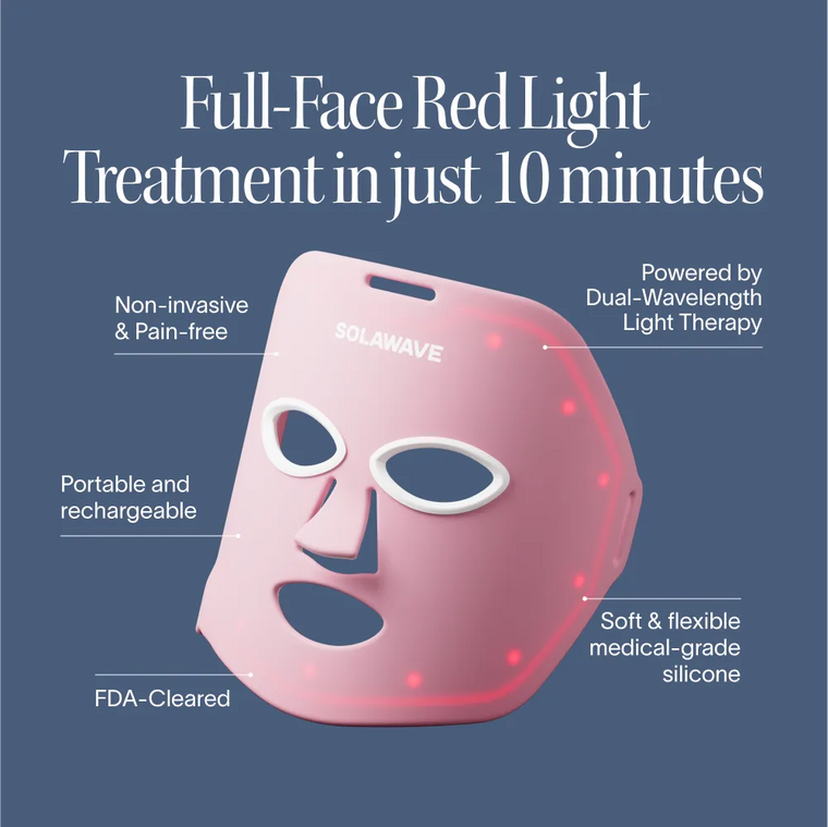 The Solawave Wrinkle Retreat Face Mask & LightBoost Serum Kit is an FDA-cleared, pink red light therapy mask with eye, nose, and mouth openings; features non-invasive, anti-aging benefits and is made of soft medical-grade silicone.