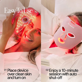 A woman smiles on a bed wearing the Solawave Wrinkle Retreat Face Mask from the LightBoost Serum Kit, an FDA-cleared red light therapy device. Text suggests placing it on clean skin for a relaxing 10-minute session.