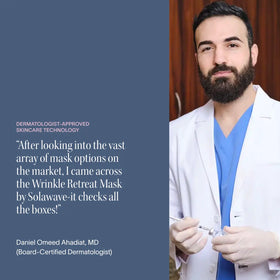 A bearded man in scrubs and a white coat holds a syringe, smiling beside a quote endorsing Solawave’s Wrinkle Retreat Face Mask & LightBoost Serum Kit, noting his name and board-certified dermatologist title.