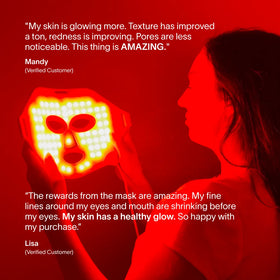 A woman holds the Solawave Wrinkle Retreat Face Mask & LightBoost Serum Kit by her face, with reviews praising smoother skin, less redness, and a radiant glow—all set against a vibrant red backdrop.