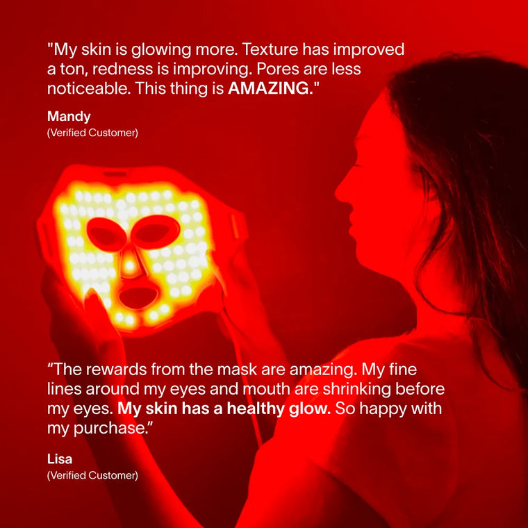 A woman holds the Solawave Wrinkle Retreat Face Mask & LightBoost Serum Kit by her face, with reviews praising smoother skin, less redness, and a radiant glow—all set against a vibrant red backdrop.