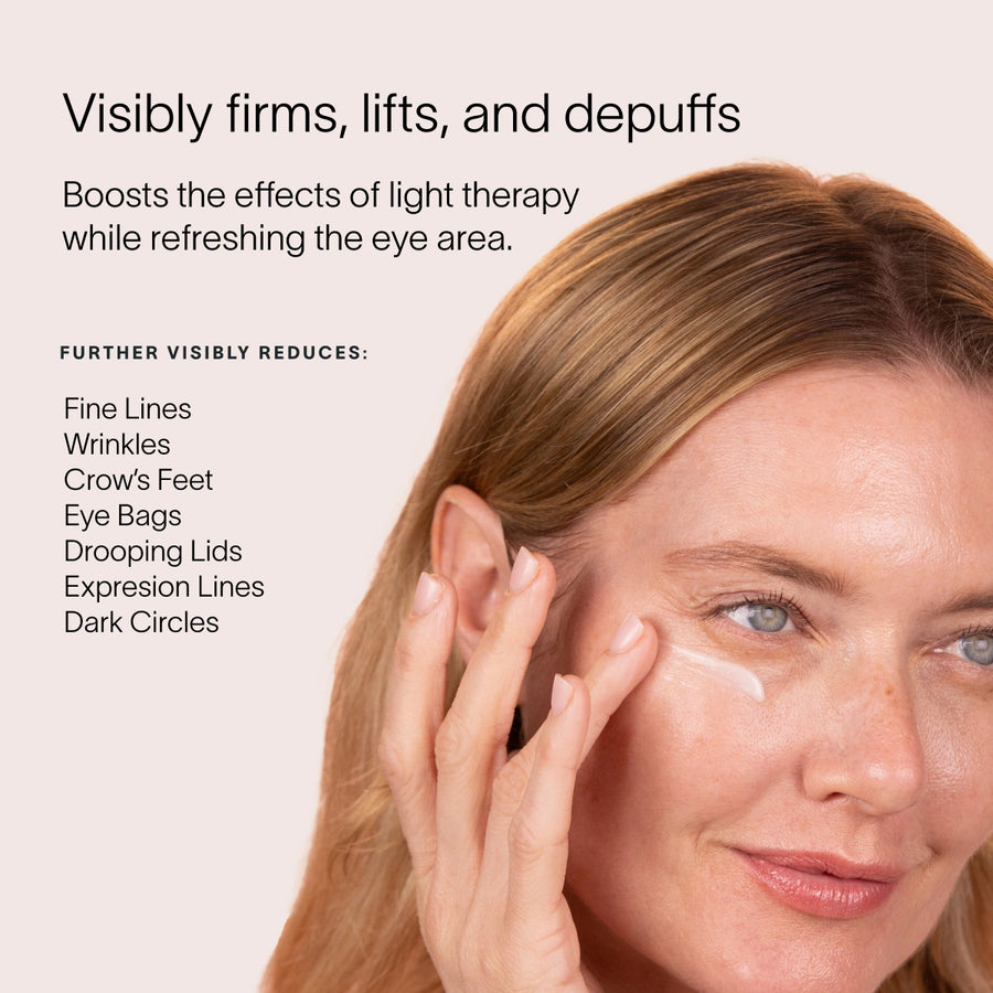 A person applying Solawaves LightBoost Eye Cream under their eyes, which visibly firms and lifts with vegan collagen while nourishing. It reduces fine lines, wrinkles, and dark circles while effectively depuffing eye bags and lifting drooping lids.