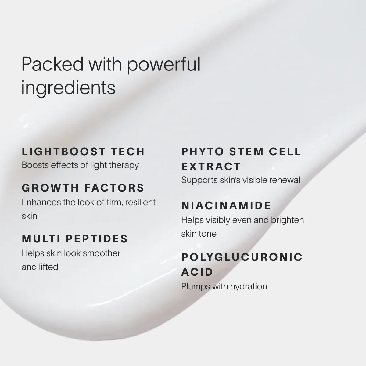 The Wrinkle Retreat Face Mask & LightBoost Serum Kit by Solawave features a white creamy texture showcasing skincare ingredients—Lightboost Tech, Growth Factors, Multi Peptides, Phyto Stem Cell Extract, Niacinamide, and Polyglucuronic Acid—all expertly addressing fine lines and wrinkles.