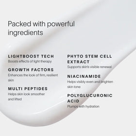 The Wrinkle Retreat Face Mask & LightBoost Serum Kit by Solawave features a white creamy texture showcasing skincare ingredients—Lightboost Tech, Growth Factors, Multi Peptides, Phyto Stem Cell Extract, Niacinamide, and Polyglucuronic Acid—all expertly addressing fine lines and wrinkles.