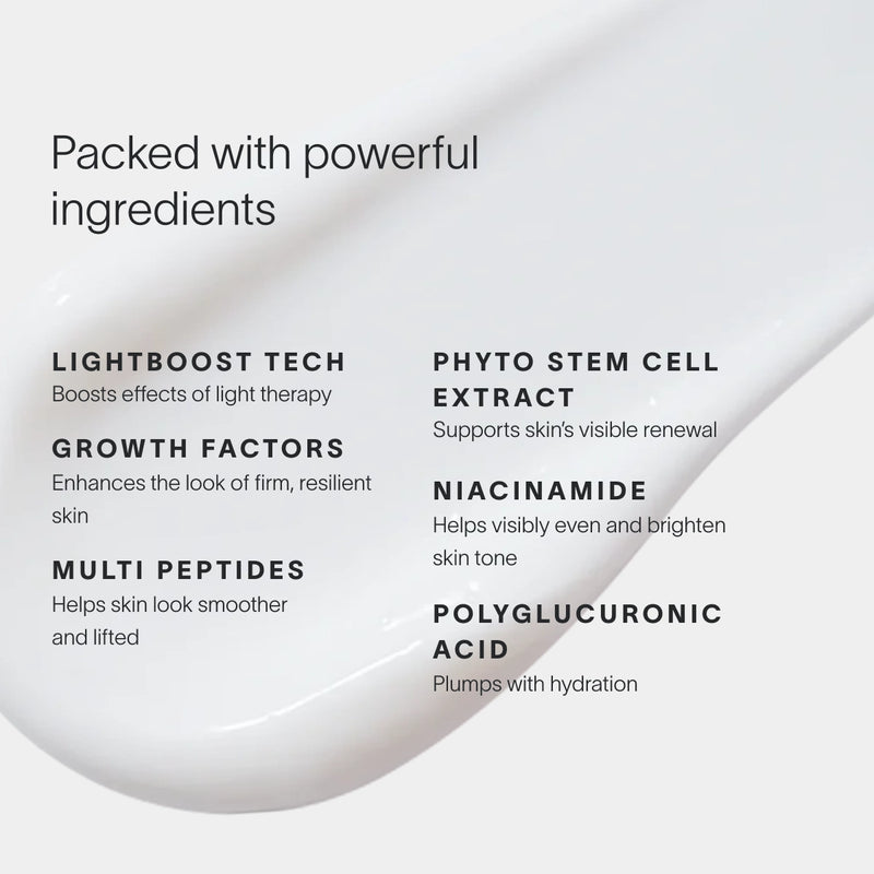 The Wrinkle Retreat Face Mask & LightBoost Serum Kit by Solawave features a white creamy texture showcasing skincare ingredients—Lightboost Tech, Growth Factors, Multi Peptides, Phyto Stem Cell Extract, Niacinamide, and Polyglucuronic Acid—all expertly addressing fine lines and wrinkles.