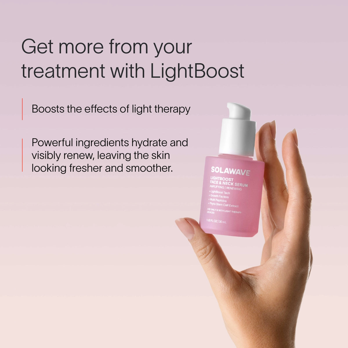 A hand holds a Solawave Wrinkle Retreat Face Mask & LightBoost Serum Kit bottle. Text highlights the serum enhances red light therapy, hydrates, renews skin, and reduces fine lines for a fresher appearance. The background features a soft gradient.