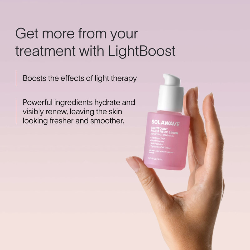 A hand holds a Solawave Wrinkle Retreat Face Mask & LightBoost Serum Kit bottle. Text highlights the serum enhances red light therapy, hydrates, renews skin, and reduces fine lines for a fresher appearance. The background features a soft gradient.