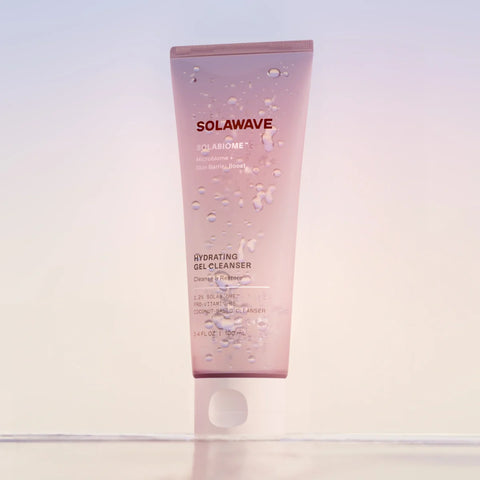 Bottle of Solawave Pre- & Probiotic Hydrating Gel Cleanser on a plain background.