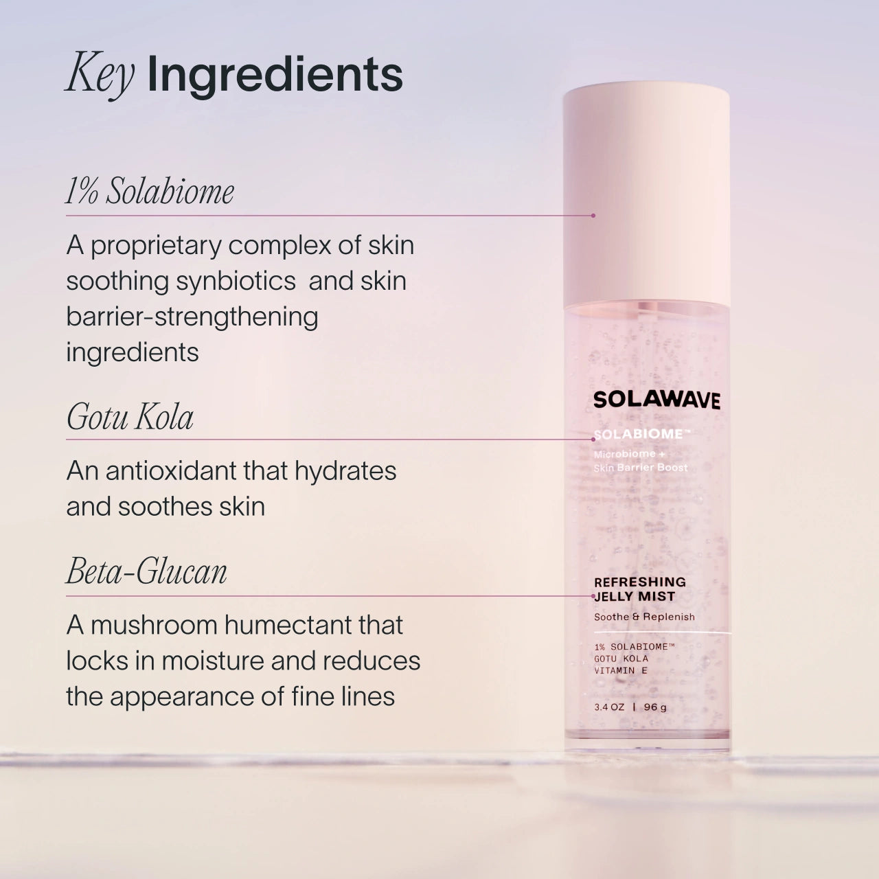 A photo of the ingredients in tthe Solawave Pre- & Probiotic Refreshing Jelly Face Mist