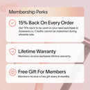 A promotional image for the Inveterate Solawave Membership showcases perks like 15% Back On Every Order, a Lifetime Warranty, and a Free Gift For Members Every 6 Months. Cancel anytime. Each perk is highlighted with small icons, offering unbeatable benefits at your fingertips.