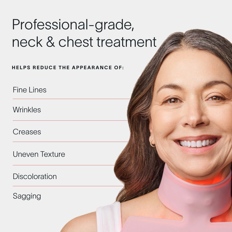 A smiling woman with long hair wears a pink Neck & Chest LED Mask. Text reads: Solawave: Neck & Chest LED Mask w/ LightBoost Cream Kit. Benefits include reducing fine lines, wrinkles, creases, uneven texture, and sagging using advanced red light therapy. || Rose