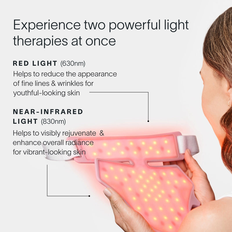 Two hands hold the Solawave Neck & Chest LED Mask from the LightBoost Cream Kit, emitting red light therapy (630nm) to reduce fine lines and near-infrared light (830nm) for rejuvenation, promising a youthful glow and renewed vitality. || Rose