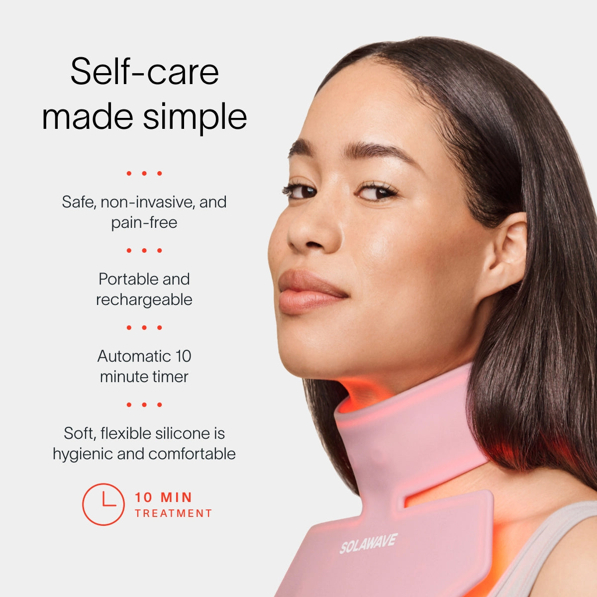 A woman uses a pink Solawave Neck & Chest LED Mask w/ LightBoost Cream Kit for self-care, featuring Red Light Therapy. Text reads, Self-care made simple, highlighting its safety, portability, rechargeability, automatic 10-minute timer, and soft silicone design for hygiene and comfort. || Rose