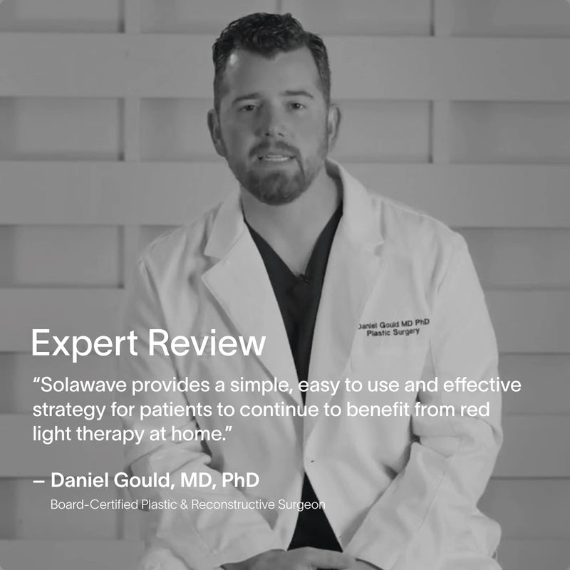 A man in a medical coat sits against a gray backdrop. Text on the image reads: Expert Review - The SolaWave 2-in-1 Face & Body Mini Starter Kit is an easy-to-use skincare tool offering effective red light therapy at home. Signed by Dr. Daniel Gould, Plastic Surgeon.