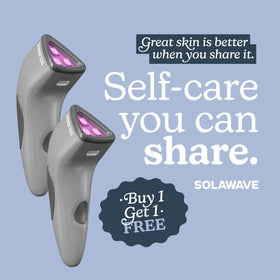 Two gray devices with pink lights on a light blue background, featuring Solawave branding and promotional text. || Charcoal