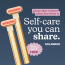 Gold razors with red lights on a dark blue background, featuring Solawave branding and promotional text. bogo || Gold