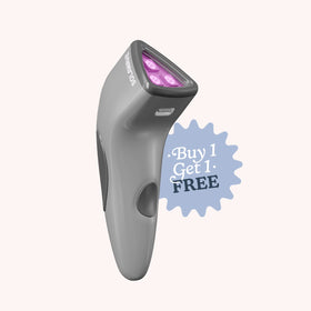 Handheld scanner with pink light on a white background, featuring a 'Buy 1 Get 1 Free' offer. || Charcoal