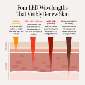 Diagram illustrating four LED wavelengths — amber (605nm), red light (630nm), deep red (660nm), and near-infrared (830nm) — showing how each penetrates the epidermis and dermis to visibly even skin tone, improve fine lines and texture, firm skin, and boost radiance and elasticity.