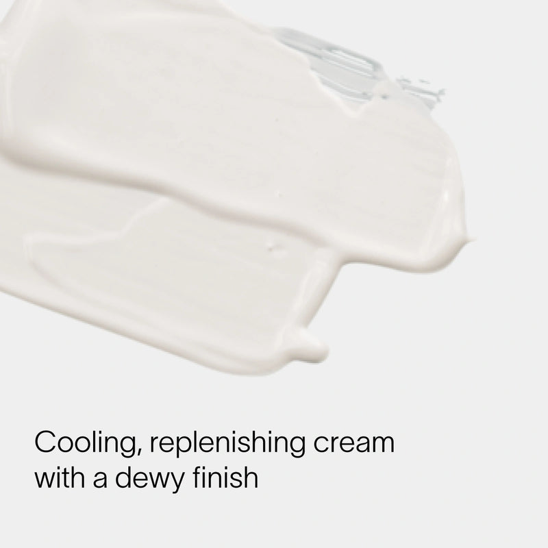 A smear of white cream with a dewy finish is shown close-up on a light surface. Text reads, LightBoost Eye Cream by Solawave: Cooling, replenishing cream infused with vegan collagen for a dewy finish.