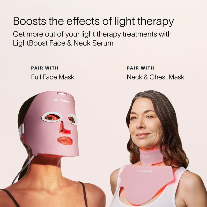 Two women are wearing Solawave skincare masks; one dons a full face mask and the other a neck and chest mask. They highlight the LightBoost Face & Neck Serum, enriched with growth factors, to boost light therapy effects for optimal skin renewal.