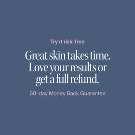 Text on a blue background promoting a 60-day money-back guarantee for skincare. || Gold
