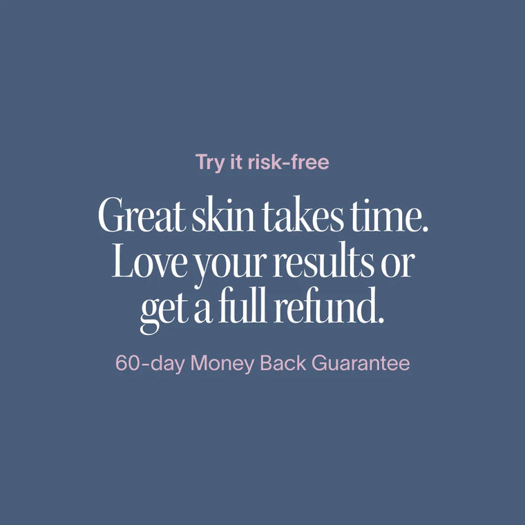 Text on a blue background promoting a 60-day money-back guarantee for skincare. || Gold