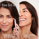 Split image of a woman using the Solawave 4-in-1 Red Light Therapy Wand & Activating Serum Kit (left) and smiling (right). Text: Easy To Use. 1. Glide wand on clean skin to target dark spots or fine lines. 2. Treat each area for 3 minutes.