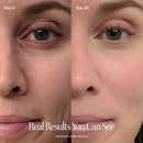 Close-up side-by-side of a womans face on Day 0 vs. Day 30 using the Solawave 4-in-1 Red Light Therapy Wand & Activating Serum Kit. Pores look reduced, skin texture smoother, and complexion improved. Text: Real Results You Can See. Results may vary.
