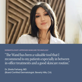 Woman in a white coat with a dermatologist quote about skincare technology on a blue background || Gold