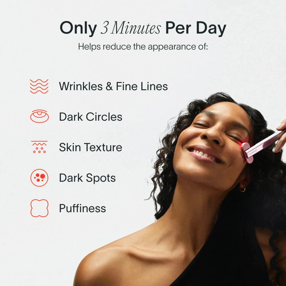 Woman using skincare tool with benefits listed: wrinkles, dark circles, skin texture, dark spots, puffiness.